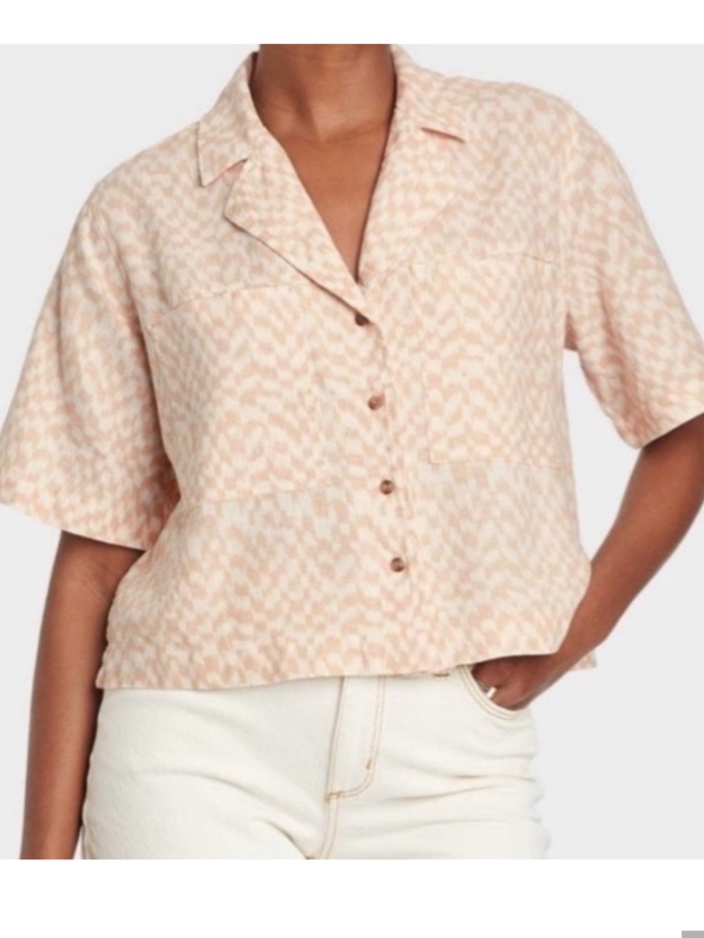 Universal thread Peach checkered print linen Short-Sleeve Button Down Shirt XL